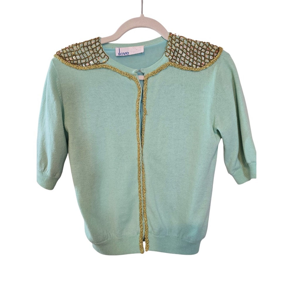 ILove Binetti vintage anthropologie Embellished‎ Cropped Cardigan Sweater Size S